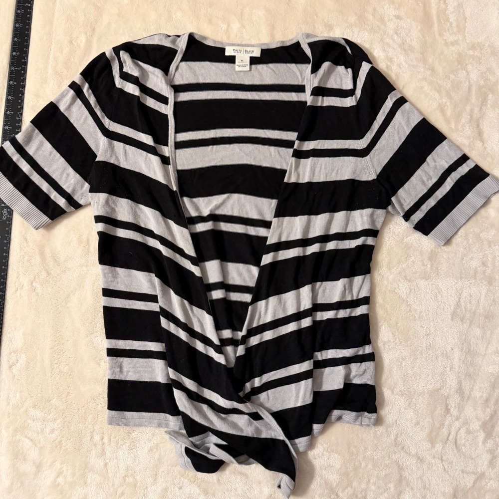 White House Black Market Striped Tie Front Cardigan XL Black Grey Short Sleeve